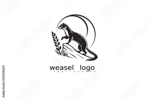 Nature-inspired logo design of weasel in black and white with grass and moon, ideal for eco packaging, rustic branding, wildlife vector identity, and outdoor-themed product illustrations.


