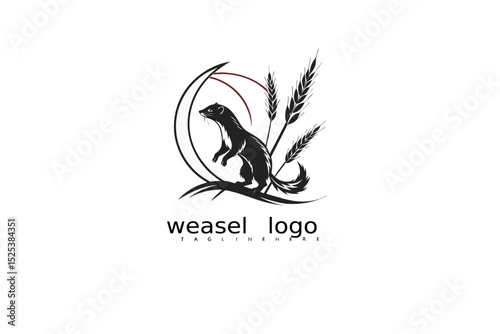 Elegant wildlife logo with black and white weasel under crescent moon with grass for nature-themed branding, eco identity, and rustic outdoor vector product illustration designs.

