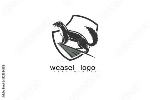 Forest-themed vector logo of elegant weasel with grass and crescent moon in black and white for rustic product identity, wildlife branding, and outdoor eco-friendly illustrations.

