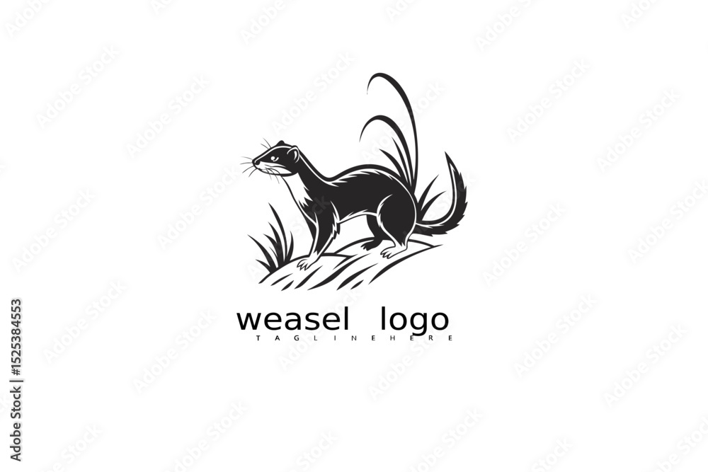 Obraz premium Majestic weasel vector logo with grass and crescent moon in black and white for rustic nature businesses, forest brand identity, and eco packaging or wildlife-inspired outdoor logo illustrations.