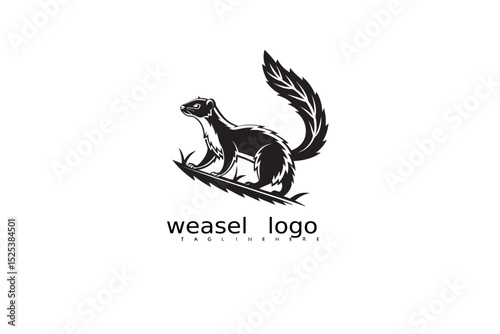 Rustic logo of weasel in nature with crescent moon and grass in black and white for outdoor product branding, eco packaging identity, and elegant wildlife-themed business vector illustrations.

