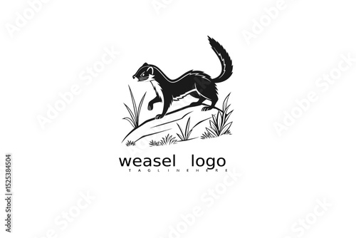 Silhouette-style weasel logo with natural grass and crescent moon in monochrome vector for rustic forest branding, wildlife packaging, and eco-conscious outdoor product identity designs.


