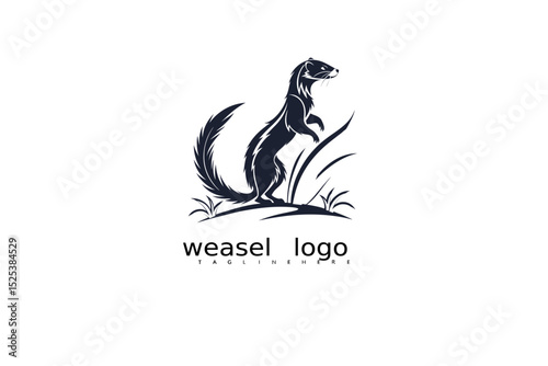 Crescent moon and tall grass with weasel logo design in black and white for rustic nature branding, wildlife identity, eco-friendly packaging, and outdoor-themed vector logo illustrations.


