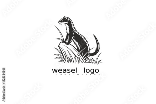 Elegant weasel logo vector in black and white with detailed crescent moon and grass scene for eco-friendly product branding, rustic business identity, and outdoor wildlife illustration use.

