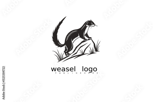 Crescent moon and wild grass weasel logo in black and white vector format, ideal for rustic nature branding, wildlife identity logos, and outdoor eco product design illustrations.

