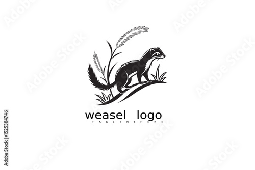 Minimalist black and white wildlife logo of weasel with grass and moon illustration for outdoor eco branding, rustic business identity, and nature-themed vector product designs.

