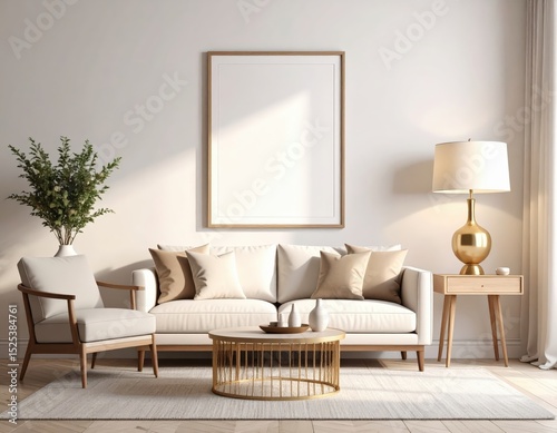 Bright living room with neutral tones gold accents and a blank picture frame
