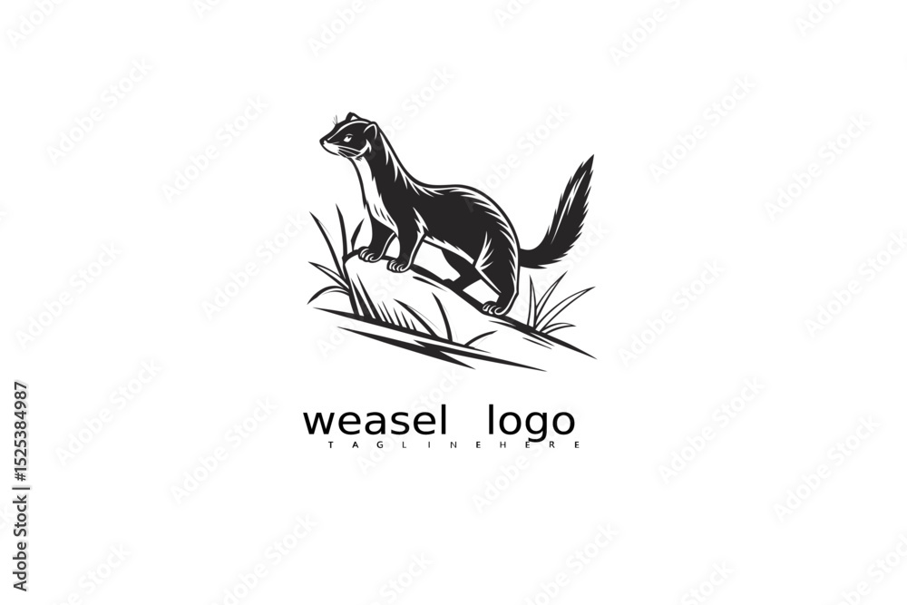 Fototapeta premium Weasel logo vector in a bold black and white style with moon and grass motif for rustic forest identity, eco product branding, wildlife label design, and elegant outdoor business logos.