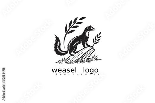 Monochrome vector illustration of a weasel logo with grass and crescent moon for rustic branding, nature-themed business identity, outdoor product design, and wildlife-inspired logos.

