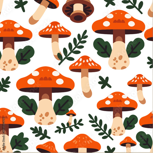 Mushroom Pattern with Orange Caps and White Spots-Whimsical Forest Background-Cute Toadstool Design-Nature Inspired Repeat Print-Perfect for Crafts and Decor