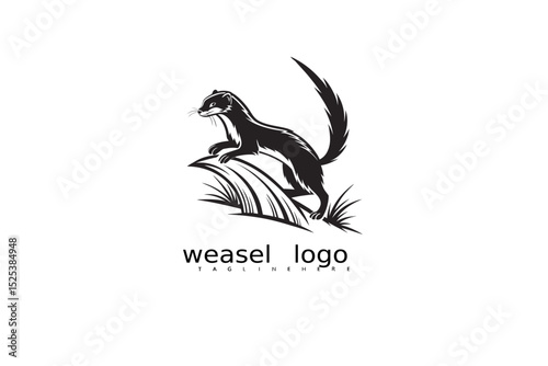 Rustic wildlife logo vector with black and white weasel, crescent moon, and grass elements for eco product design, outdoor nature branding, forest identity logos, and elegant business emblems.

