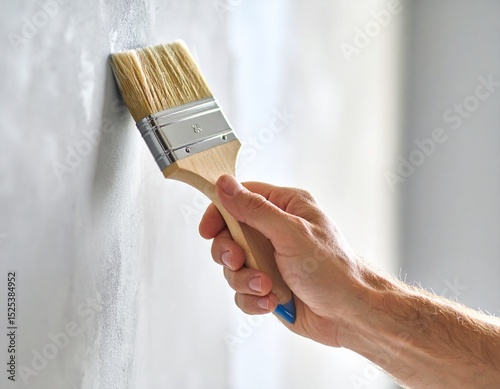 hand of worker use brush for color paint concrete Loft style on wall