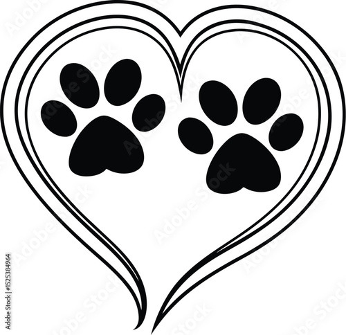 Paw print heart, dog mom vector, pet lover design, animal footprint icon, silhouette graphic illustration
