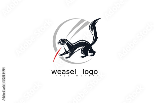 Elegant black and white logo of weasel with crescent moon and grass, perfect for eco brands, forest businesses, rustic product logos, and wildlife-themed outdoor nature vector illustrations.

