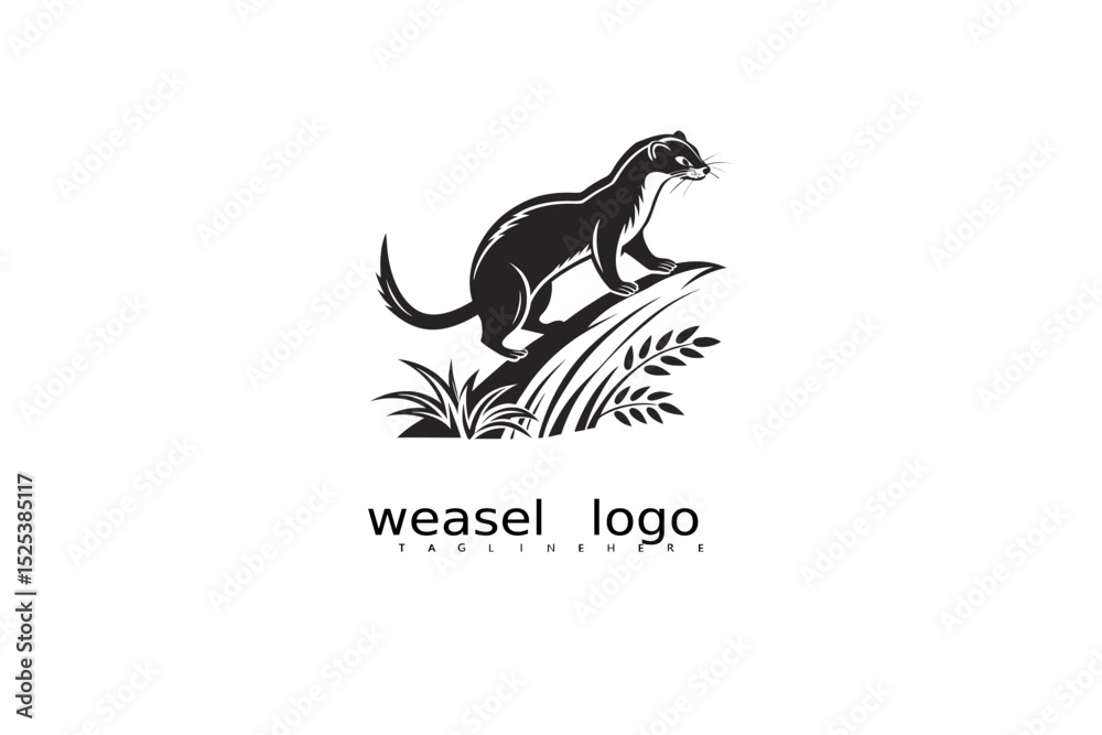 Fototapeta premium Wildlife-themed weasel logo vector design featuring grass and crescent moon in black and white for rustic eco branding, outdoor product identity, and forest nature business illustrations.