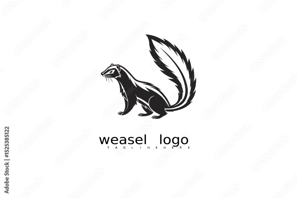 Obraz premium Hand-drawn style weasel logo in black and white with crescent moon and grass for eco brand identity, wildlife-themed vector illustrations, rustic packaging, and outdoor nature logo design.