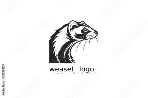 Vector illustration of elegant black and white weasel logo with moon and grass elements for branding eco-friendly products, nature-themed packaging, and rustic outdoor business identity.

