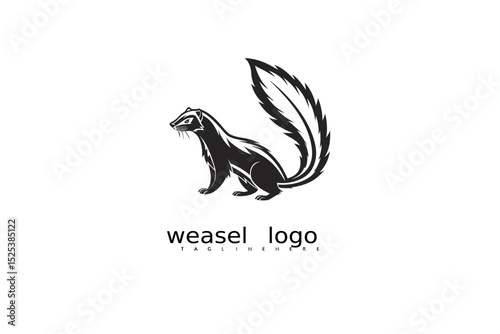 Hand-drawn style weasel logo in black and white with crescent moon and grass for eco brand identity, wildlife-themed vector illustrations, rustic packaging, and outdoor nature logo design.

