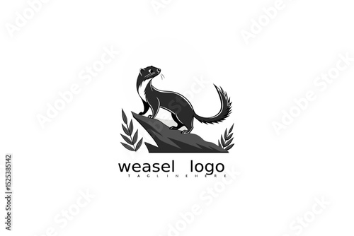 Weasel logo with crescent moon and nature grass elements in black and white, ideal for wildlife branding, forest identity logos, eco packaging, and rustic outdoor vector business designs.

