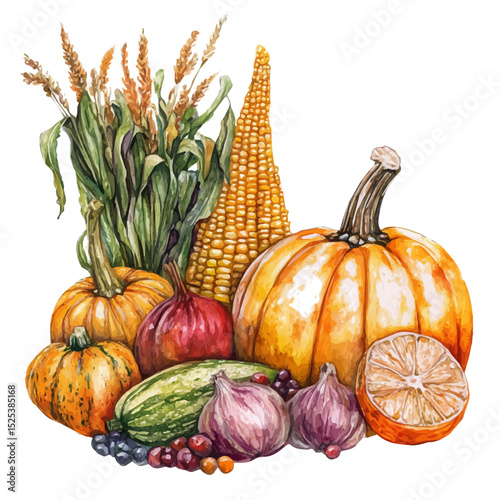 watercolor of Fall Crops Harvested Softly, vector high quality, isolated on a white background.