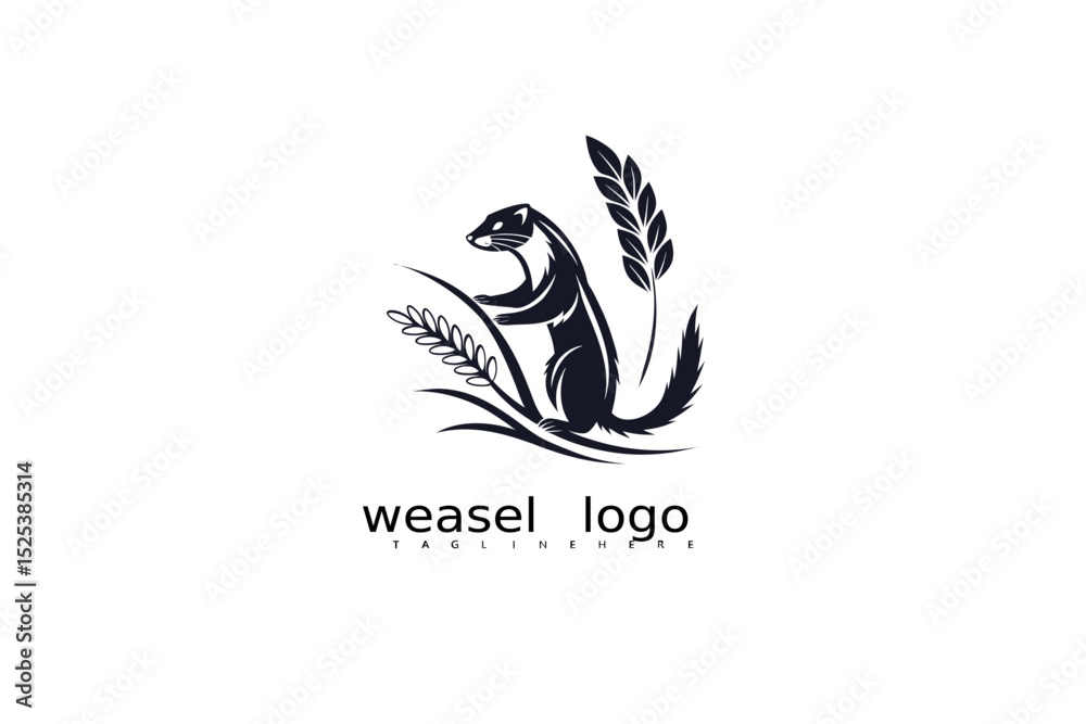 Obraz premium Nature logo design featuring elegant weasel with crescent moon and grass scene in a monochrome vector style for forest brand identity, outdoor-themed businesses, and eco-friendly product labels.