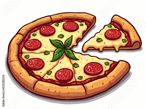 Vector fashion design for t-shirt, food packaging with 
sliced round pizza
with smoked sausage salami, greens, cheese isolated
on white background. 
Print for fabric, clothing, paper.