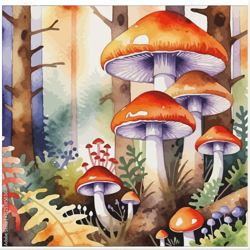 Watercolor Mushroom Forest Art- Whimsical Fungi Illustration- Autumn Woodland Scene- Nature Inspired Painting- Orange Cap Mushrooms- Forest Floor Decor