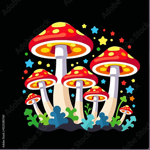 Whimsical Mushroom Art-Colorful Fungi Illustration-Playful Toadstool Design-Fun Kids Room Decor-Fantasy Forest Scene-Bright Red and Yellow Mushrooms-Starry Background-Cute Nature Print