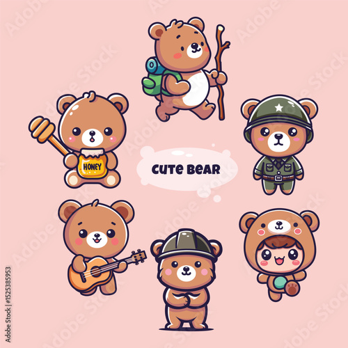 Set of cute cartoon bear. Vector illustration. Cute animal.