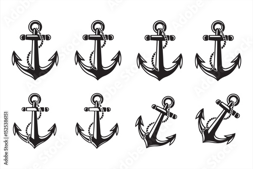 Mixed Style Anchor Icon Collection – Bold Rope-Wrapped Nautical Symbols in Rotated and Straight Orientations