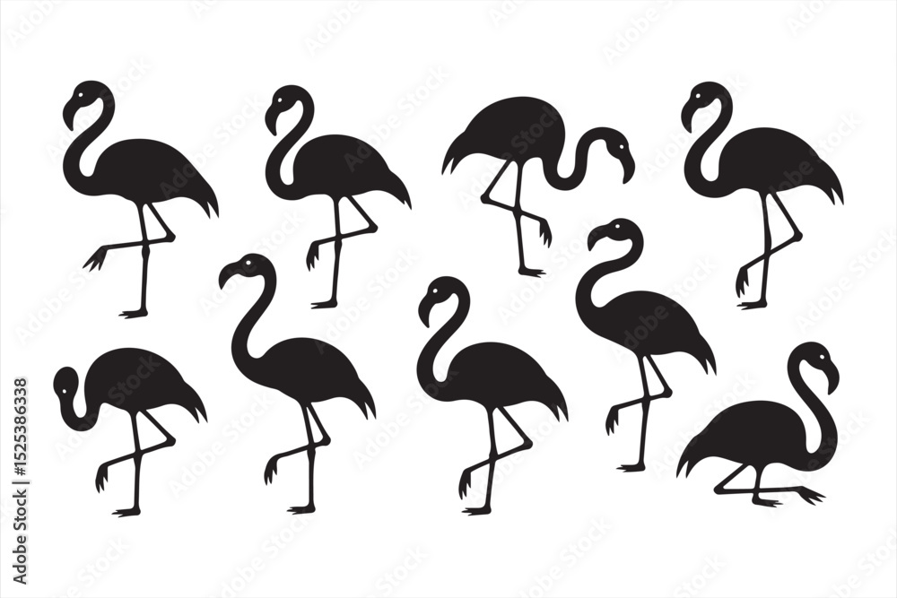 Obraz premium Elegant flamingo silhouettes with ground shadows in standing and curved poses—perfect for nature graphics, minimalist wildlife designs, and beach-themed visuals