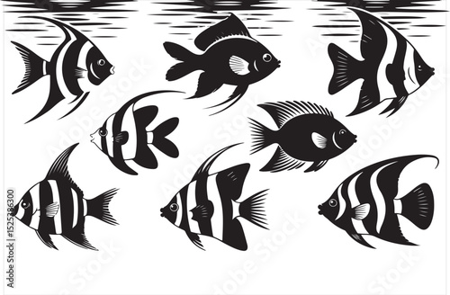 Abstract fish vector icons with bubbles in playful bold style for kids' illustrations, sea-themed stickers, and fun underwater graphics