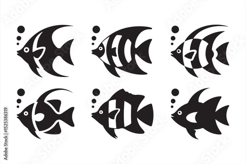 Black silhouette vector collection of tropical fish in unique shapes with fin detail—perfect for ocean wildlife, reef illustrations, and aquatic design themes