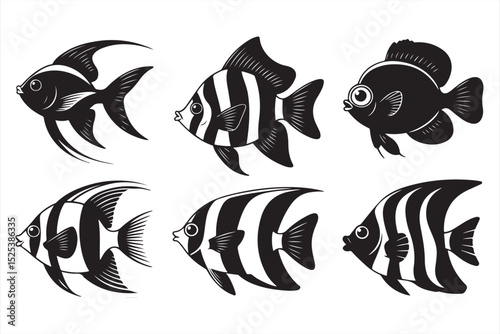 Stylized tropical fish vector set with bold outlines and striped designs in sticker format for aquatic decor, marine-themed crafts, and cartoon fish illustrations