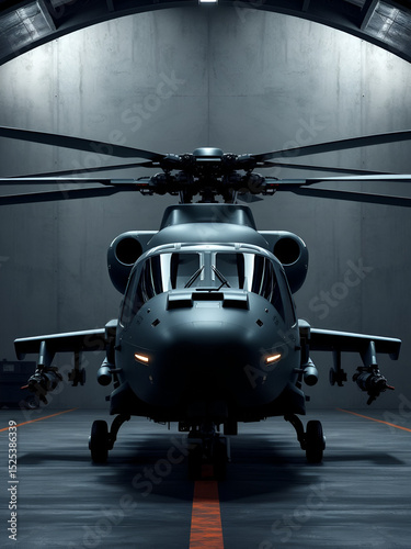 Military helicopter parked in a dimly lit hangar showcasing advanced design and powerful presence, 3d rendering of a military helicopter in a dimly lit concrete garage, viewed from the front