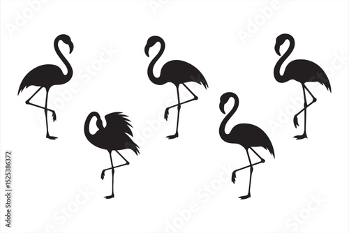 Black flamingo vector set featuring graceful bird silhouettes with bold flamingo typography—ideal for branding, summer decor, and bird illustration projects