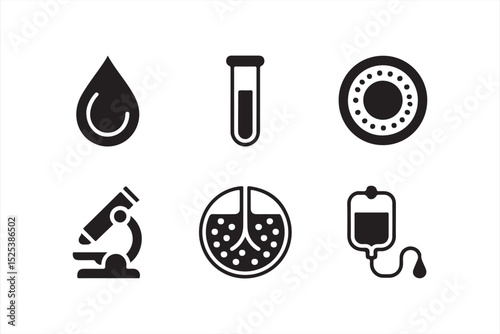 Flat Medical Icon Collection Featuring Blood Drops, Cancer Symbols, and Laboratory Tools
