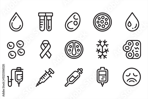 Outlined Medical Tools and Symbols for Cancer, Lab Testing, and Healthcare Use