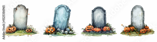 Watercolor set of Halloween stone tombstones in cartoon style. Old stone tombstones decorated with Halloween pumpkins, skulls and yellowed grass. Halloween cemetery elements.