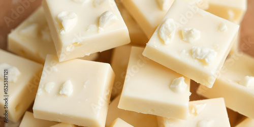 Close up of white chocolate with chunk pieces isolated on background, sweet milk choc squares.
