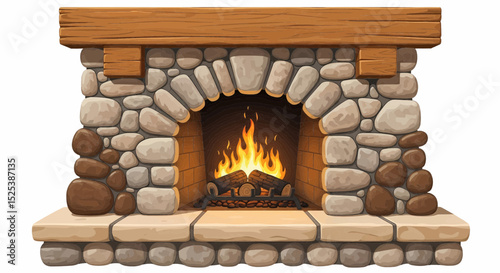 Vector image of a stone fireplace with irregular stones in light brown, tan, and gray. It features a warm brown wooden mantel, hearth, and yellow/orange flames above charred logs.