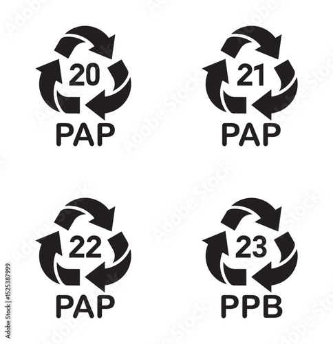 Paper recycling code icon set. Paper cardboard boxes recycling codes 20, 21, 22, 23 for industrial and factory uses. Triangluar mobius strip pap recycling symbols isolated on white background.