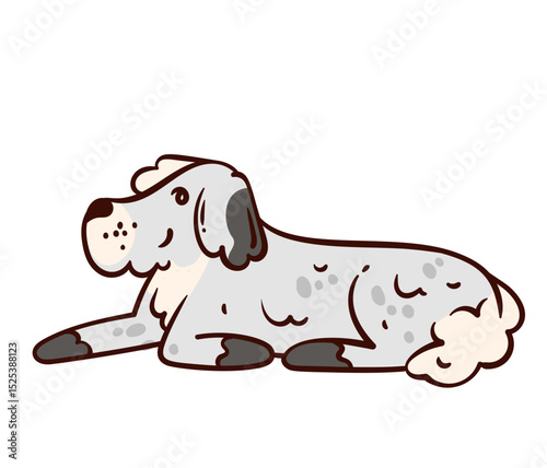 Fluffy gray dog lying down, relaxed with dark gray ears, muzzle, and paws. Cartoon dog, drawn in a cute doodle style, for a pet sticker or mascot. Vector illustration