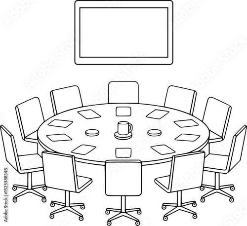 Round Meeting Table with Office Chairs, Coffee Mug, Notepads and Wall Screen – Line Art Vector of Modern Conference Room Setup for Business Presentation or Teamwork Illustration