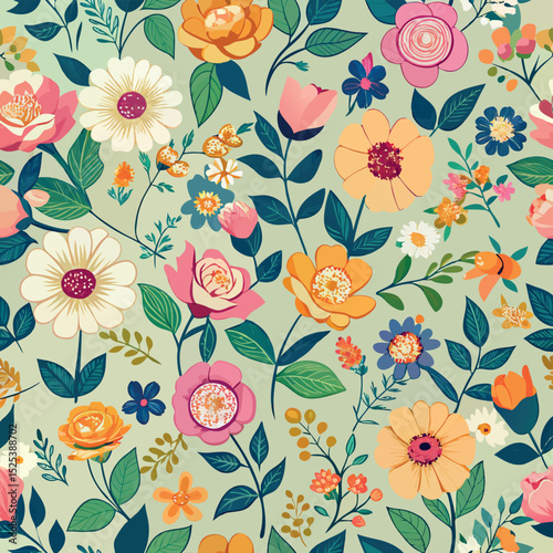 Seamless floral pattern of colorful flowers and green leaves on a soft sage green background