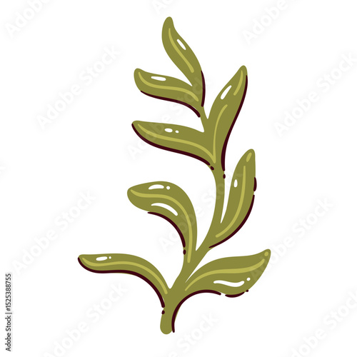 Green plant twig with smooth curved leaves in simple cartoon doodle style. Natural and minimal element for western decor, stickers, prints, or digital design. Fun vector illustration