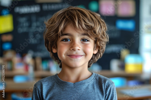 A joyful Arabian boy, around ten years old, flashes a bright smile while engaged in a classroom filled with activity, showcasing his enthusiasm for learning