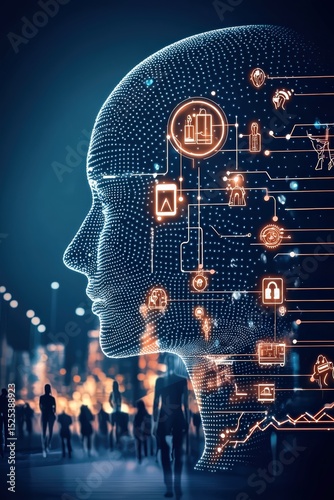 anti tracking on technology concept. Digital head silhouette with data visualization and city backdrop.