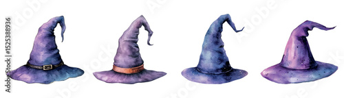 Watercolor set of witches' hats. Purple hats with pointed warhem in cartoon style watercolor png. Elements of witch, witch party, coven, etc. Elements for Halloween.