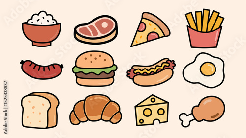 A set of 12 hand-drawn cartoon food icons in vector style. Includes rice bowl, steak, pizza slice, french fries, hamburger, sausage, hotdog, fried egg, croissant, bread, cheese, and chicken drumstick.
